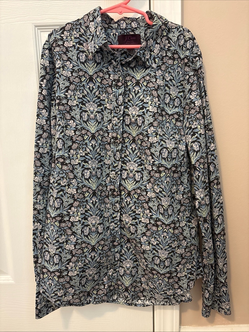 J. Crew Black Button-Down Shirt with Blue and Cream Floral Pattern